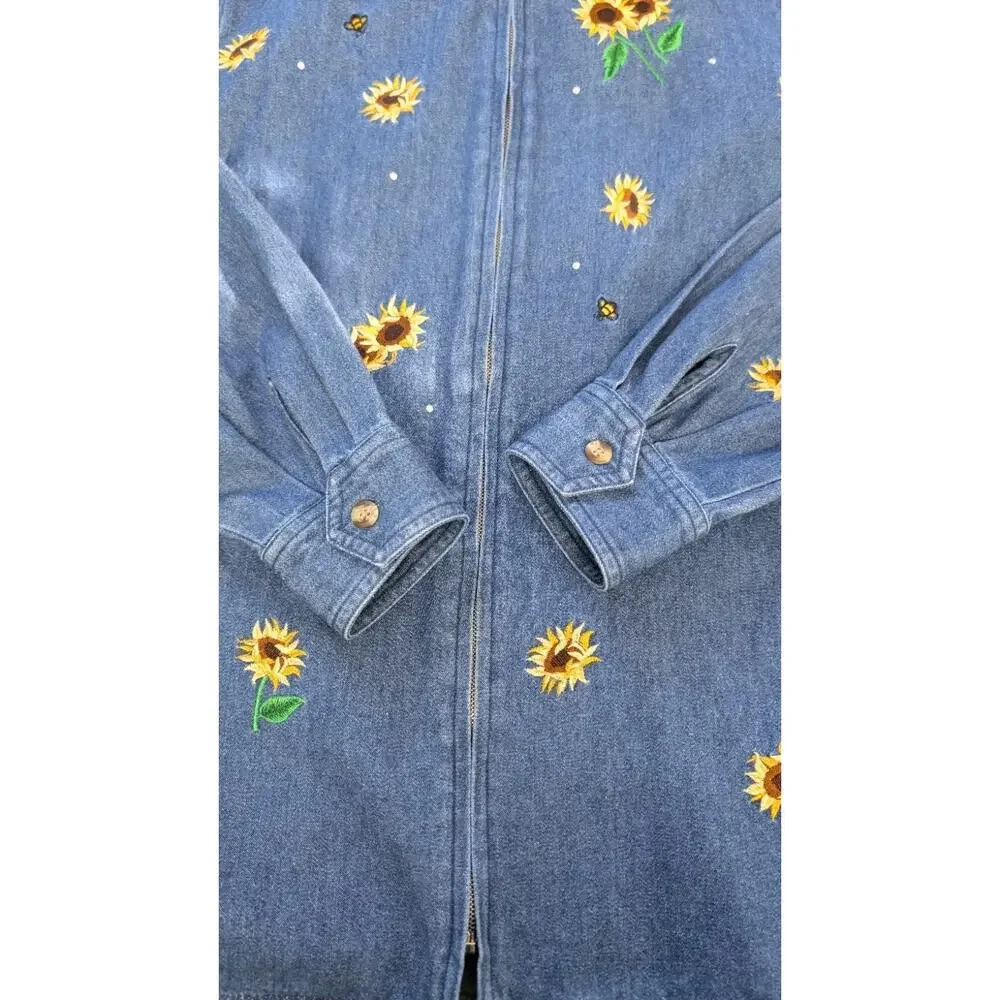 Quaker Factory Denim Jacket Embroidered Sunflowers And Bees Medium - Picture 10 of 12